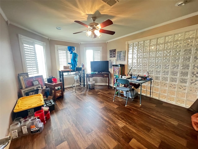 home office with ceiling fan, ornamental molding, and dark hardwood / wood-style flooring