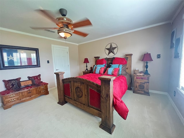 bedroom with ceiling fan, ornamental molding, and light carpet