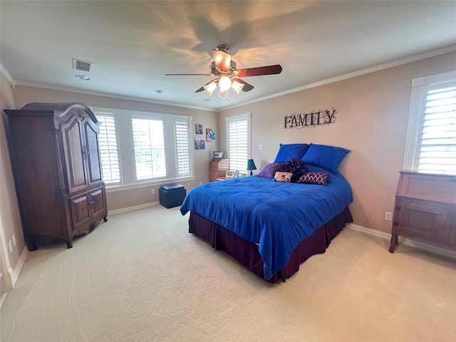 carpeted bedroom with multiple windows and ornamental molding