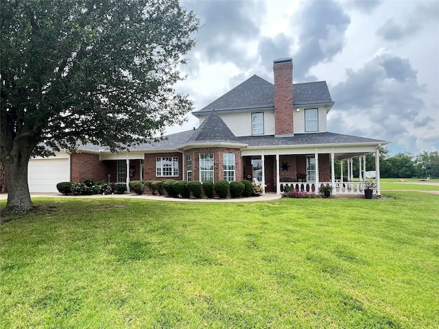 view of front of property with a garage, a porch, and a front yard