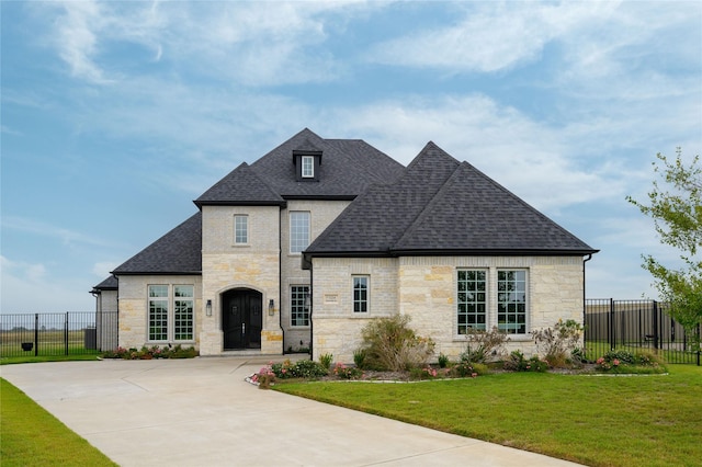 french country inspired facade with a front lawn