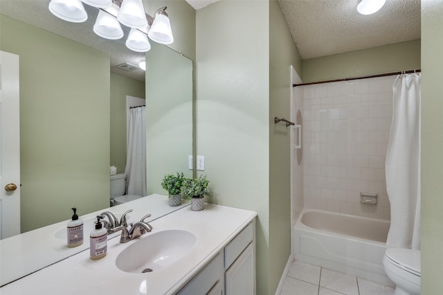 full bathroom with vanity, shower / bath combination with curtain, a textured ceiling, tile patterned floors, and toilet