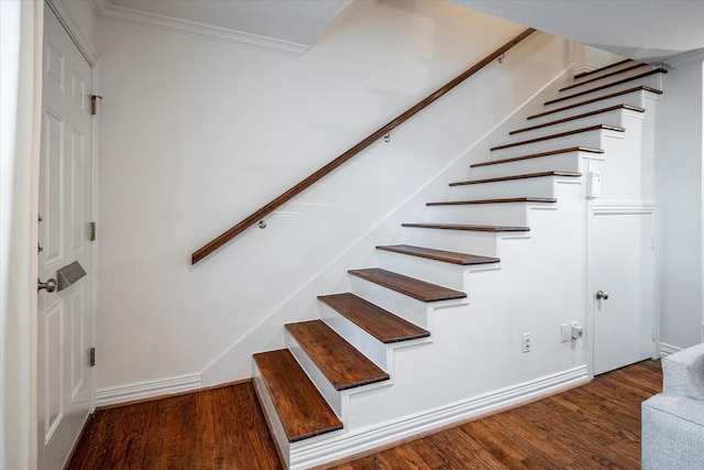 staircase featuring crown molding and hardwood / wood-style floors