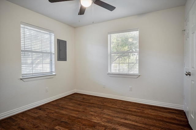 spare room with ceiling fan, a healthy amount of sunlight, dark hardwood / wood-style floors, and electric panel