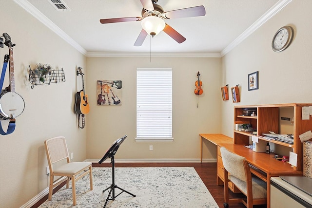 home office with ornamental molding, dark hardwood / wood-style floors, and ceiling fan