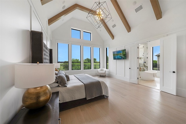 bedroom featuring high vaulted ceiling, light wood-type flooring, a chandelier, and beamed ceiling