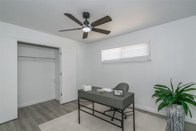 home office featuring ceiling fan and hardwood / wood-style floors