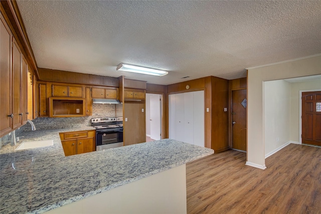 kitchen featuring light stone counters, kitchen peninsula, hardwood / wood-style floors, and stainless steel electric range