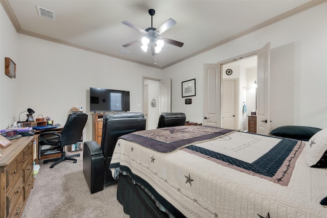 bedroom with crown molding, light carpet, and ceiling fan