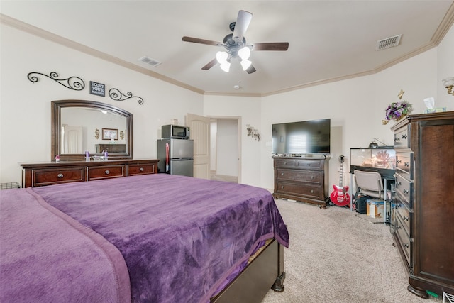 carpeted bedroom featuring ceiling fan, ornamental molding, and stainless steel fridge