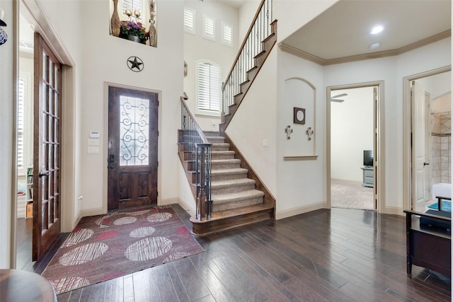 entryway featuring crown molding, a healthy amount of sunlight, and dark hardwood / wood-style floors