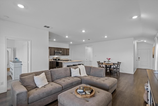 living room featuring dark hardwood / wood-style floors and sink