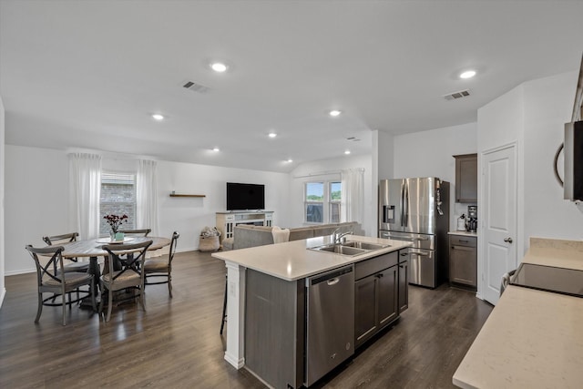 kitchen featuring sink, dark hardwood / wood-style floors, stainless steel appliances, and an island with sink