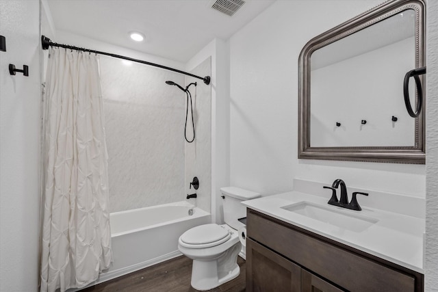 full bathroom featuring shower / bath combination with curtain, wood-type flooring, toilet, and vanity