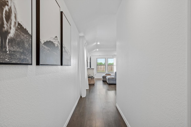 hall featuring vaulted ceiling and dark hardwood / wood-style floors