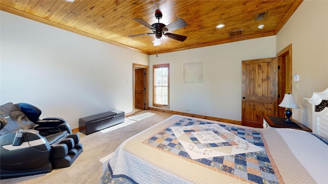 bedroom with crown molding, carpet flooring, wooden ceiling, and ceiling fan