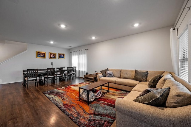 living room with dark hardwood / wood-style floors