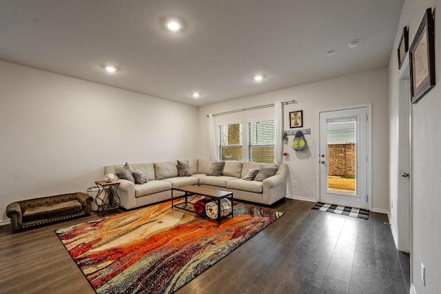 living room with dark hardwood / wood-style flooring