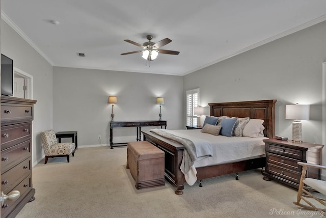 carpeted bedroom with crown molding and ceiling fan