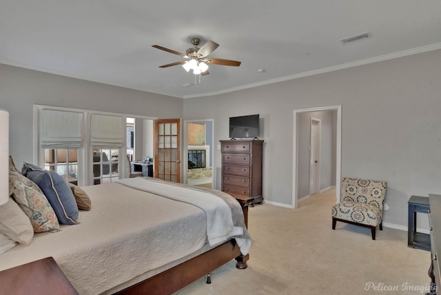 bedroom featuring ornamental molding, light colored carpet, visible vents, and baseboards