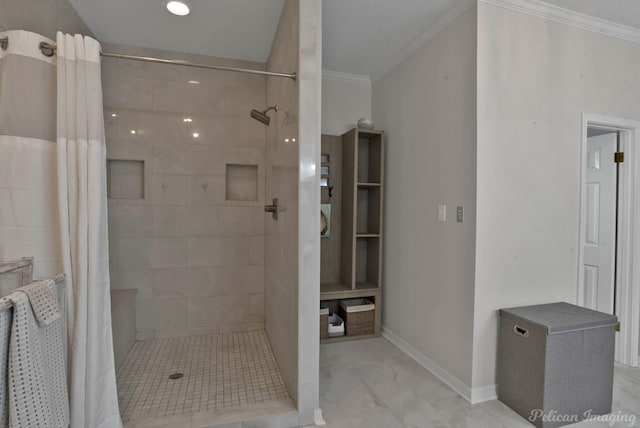 9808 Neesonwood Dr, Shreveport, LA 71106 - bathroom with marble look tile flooring, crown molding, a tile shower, and baseboards