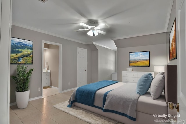 bedroom with light tile patterned floors, connected bathroom, a ceiling fan, baseboards, and ornamental molding