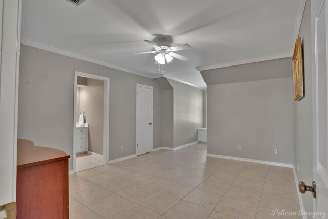 bedroom with ornamental molding, ensuite bathroom, ceiling fan, and light hardwood / wood-style flooring