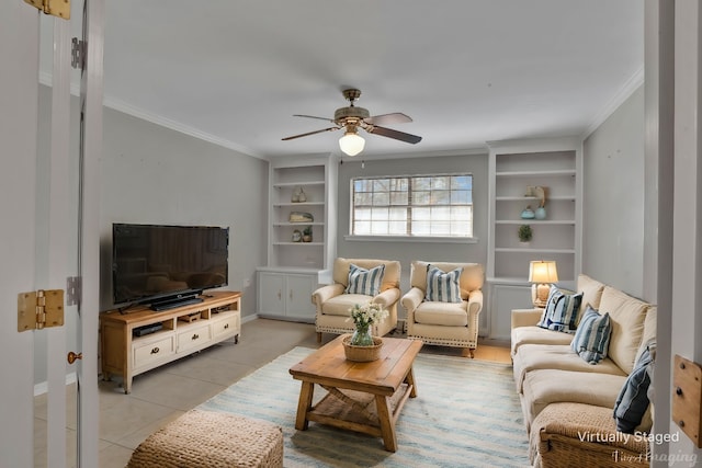 living room with ornamental molding, light tile patterned flooring, ceiling fan, and built in features