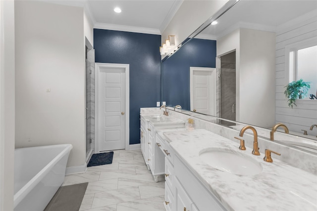 bathroom with vanity, ornamental molding, and independent shower and bath