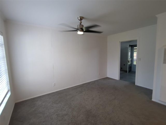 carpeted spare room with ceiling fan