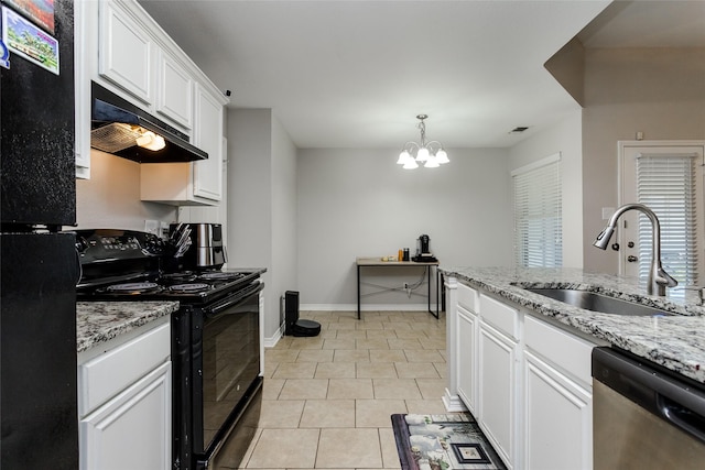 kitchen featuring black electric range oven, white cabinetry, a sink, light stone countertops, and dishwasher