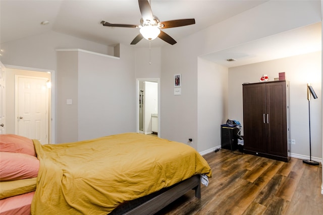 bedroom with dark wood-style flooring, lofted ceiling, visible vents, ceiling fan, and baseboards