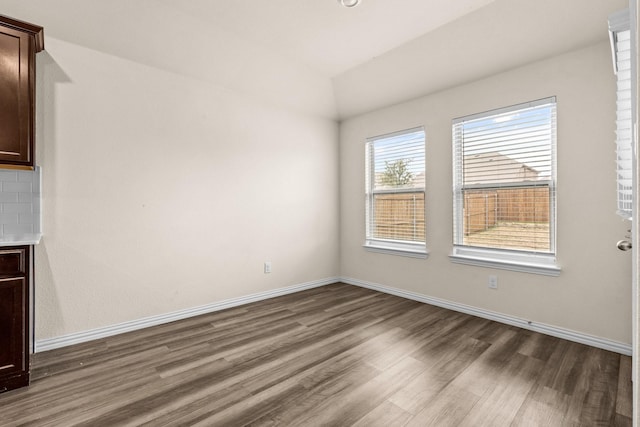 interior space with vaulted ceiling and dark wood-type flooring