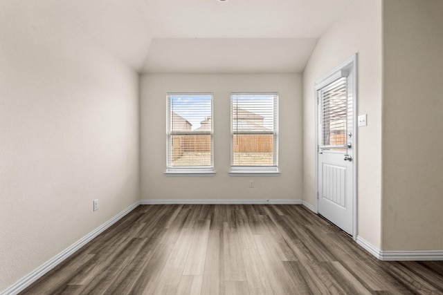 empty room with lofted ceiling and hardwood / wood-style flooring