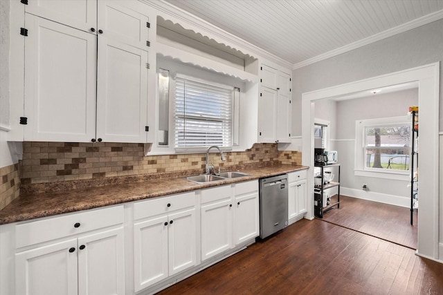 kitchen featuring sink, stainless steel dishwasher, ornamental molding, dark hardwood / wood-style flooring, and white cabinets