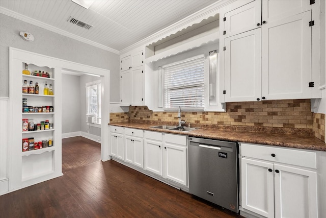 kitchen featuring white cabinetry, dishwasher, sink, ornamental molding, and dark wood-type flooring