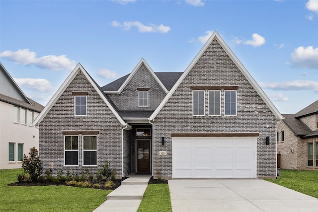 view of front facade with a garage and a front lawn