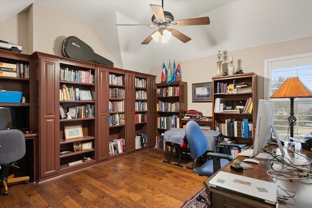 office area featuring vaulted ceiling, wood-type flooring, and ceiling fan