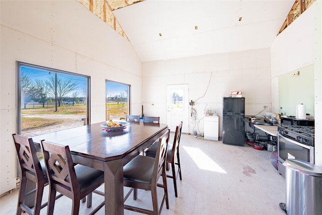 dining room with high vaulted ceiling