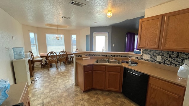 kitchen with dishwasher, sink, backsplash, hanging light fixtures, and kitchen peninsula