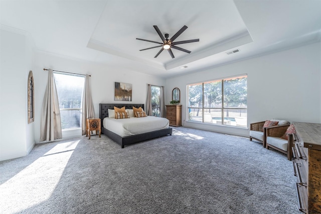 720 Amistad Dr, Prosper, TX 75078 - bedroom featuring a tray ceiling, multiple windows, light carpet, crown molding, and access to outside