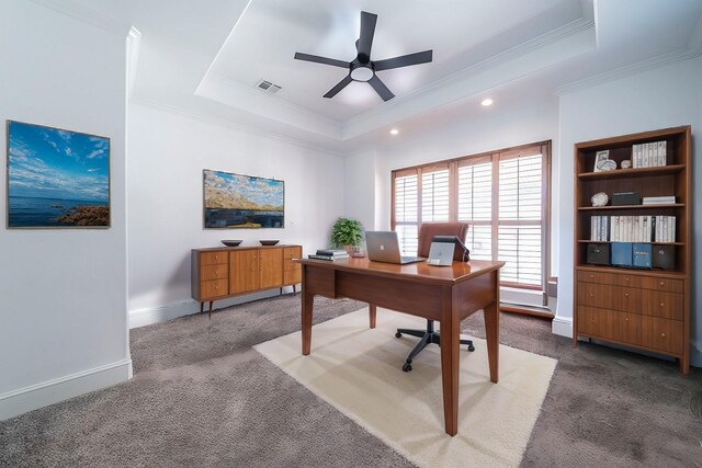 720 Amistad Dr, Prosper, TX 75078 - carpeted office space featuring ornamental molding, a tray ceiling, a ceiling fan, baseboards, and recessed lighting