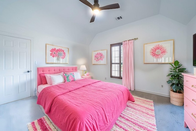 720 Amistad Dr, Prosper, TX 75078 - bedroom with lofted ceiling, a ceiling fan, and baseboards