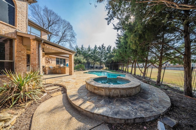 720 Amistad Dr, Prosper, TX 75078 - view of pool featuring a patio, fence, a pool with connected hot tub, and a ceiling fan