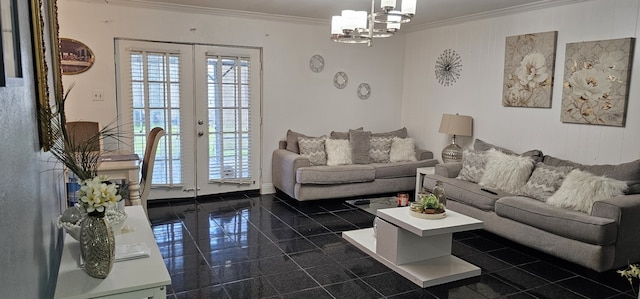 living room featuring an inviting chandelier, crown molding, and french doors