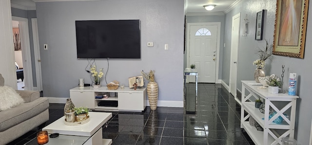 living room featuring crown molding