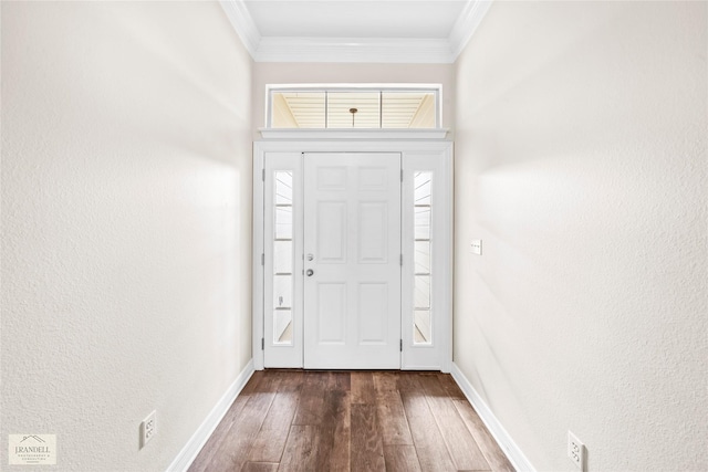 entryway with crown molding and dark hardwood / wood-style floors