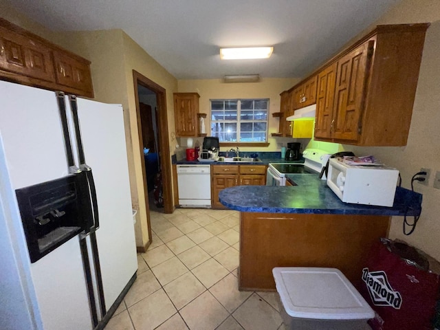 kitchen with sink, light tile patterned floors, white appliances, and kitchen peninsula