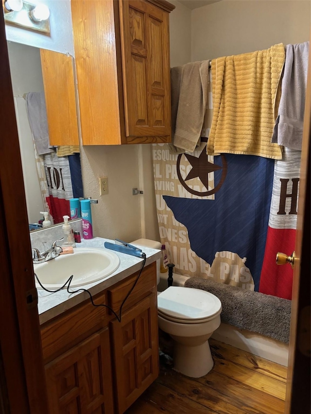 bathroom featuring vanity, toilet, and wood-type flooring