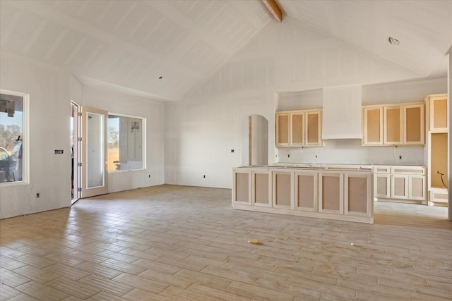 kitchen with arched walkways, wood finish floors, light brown cabinetry, open floor plan, and a kitchen island